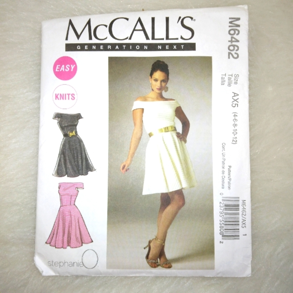 MCCALL'S M6462 EASY off the shoulder knit dress, only 5 Pattern pieces sz 4-12